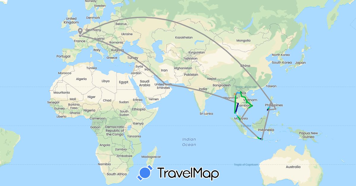 TravelMap itinerary: driving, bus, plane, cycling, train, boat, hitchhiking, motorbike in United Arab Emirates, France, Indonesia, Laos, Malaysia, Philippines, Thailand, Vietnam (Asia, Europe)
