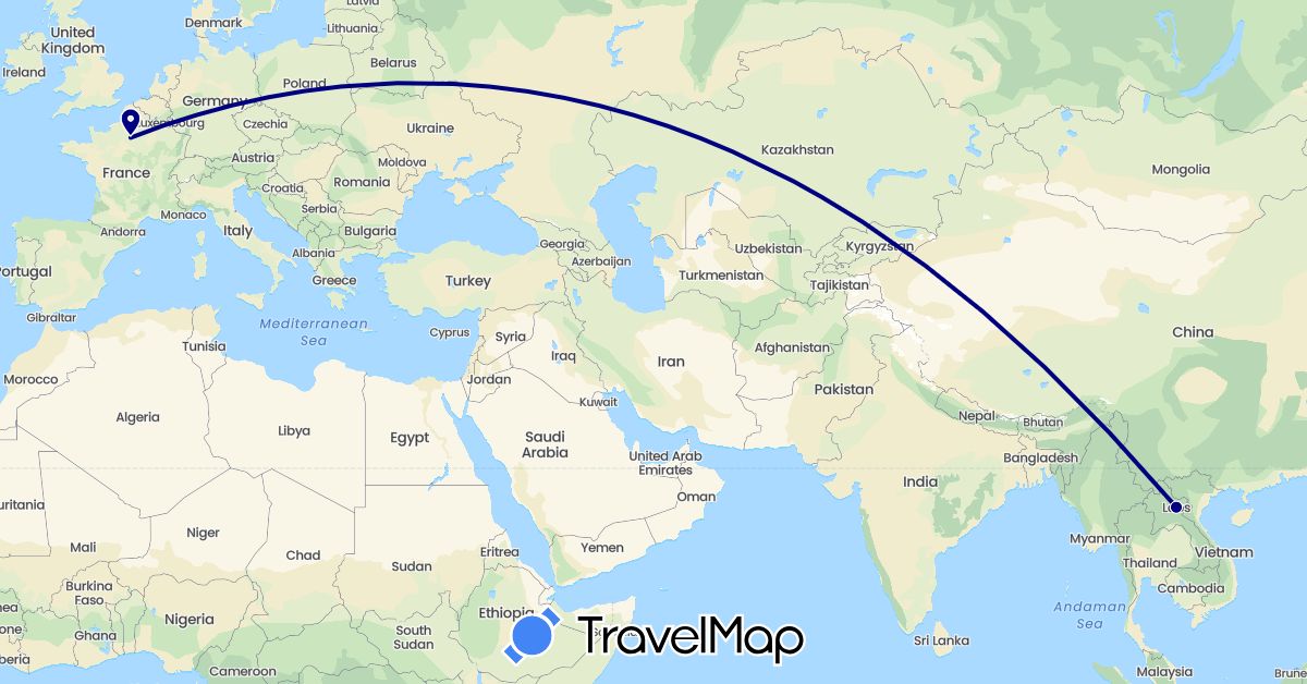 TravelMap itinerary: driving in France, Laos (Asia, Europe)